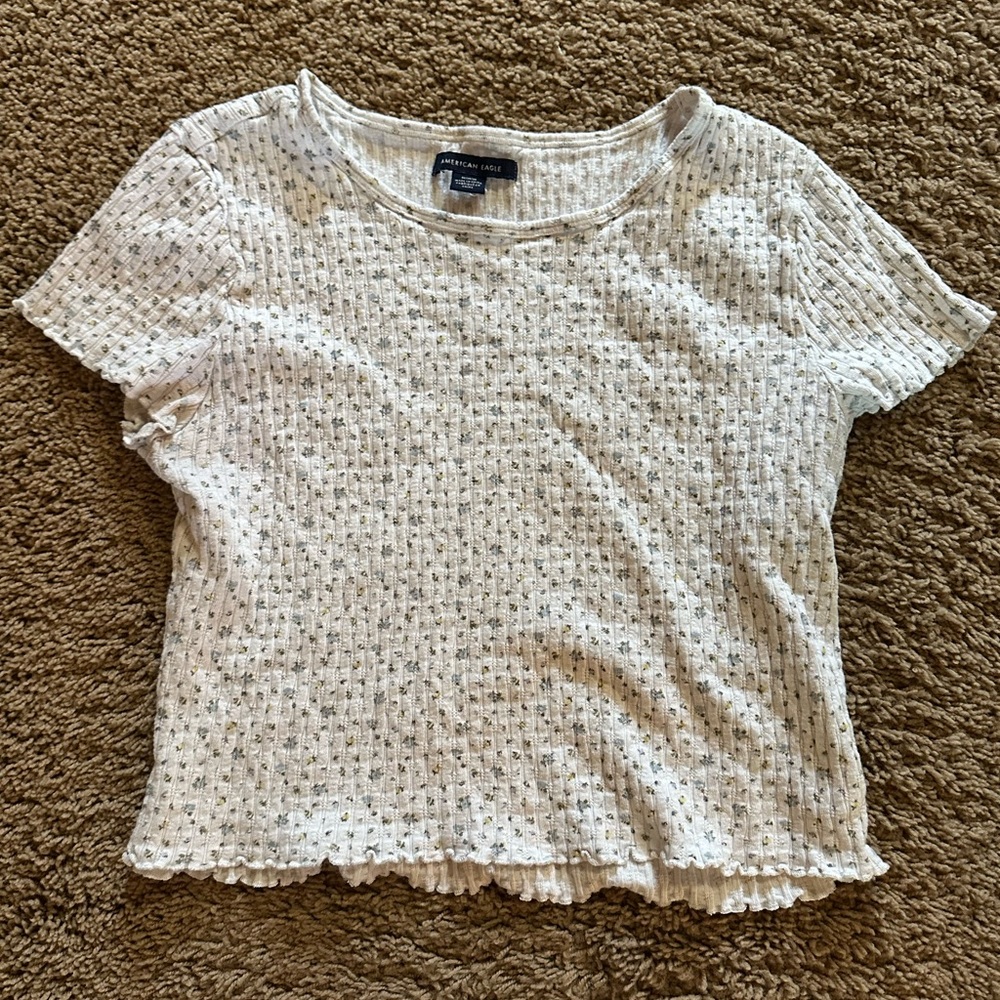 American Eagle Outfitters White Ribbed Crop T-Shirt